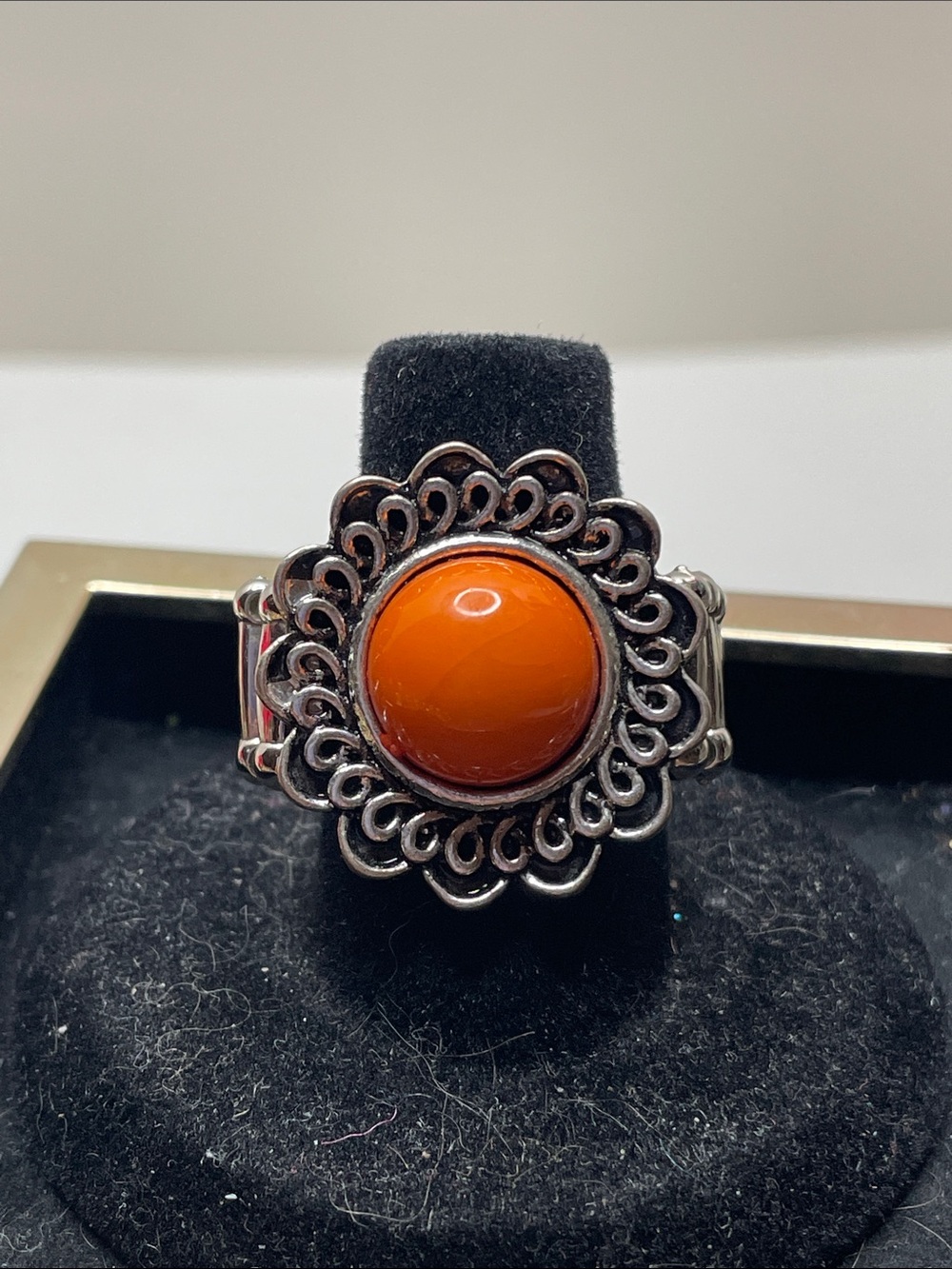 paparazzi Stretchy Silver-Tone Ring with Bright Orange Cabochon